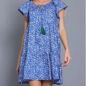 Aakaa Blue Floral Print Boho Babydoll Dress Sz L